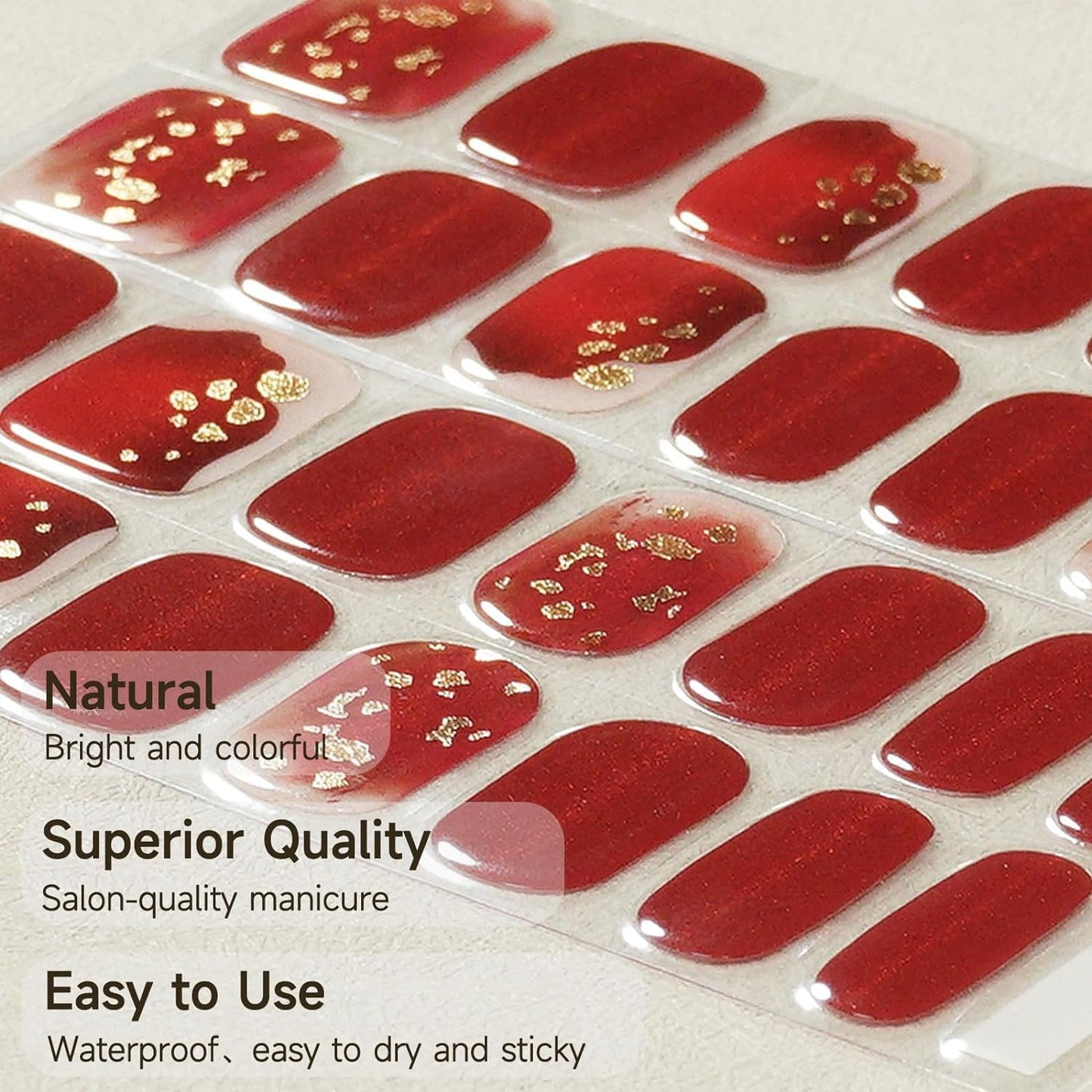 DUKASOU Semi Cured Gel Nail Strips for Christmas, 28 pcs Gel Nail Strips Work with Any UV Lamp, Long Lasting Gel Nail Stickers Full Nail Wraps, Salon Quality, Easy to Apply (China red)