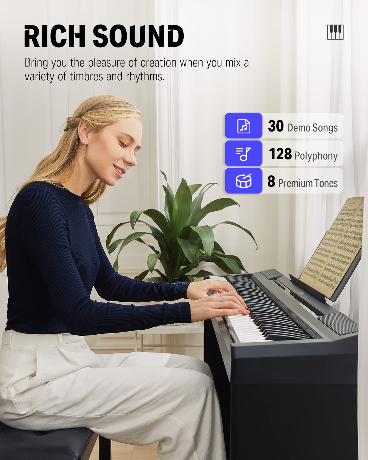 Donner DEP-10 Digital Piano 88 Key Semi-Weighted, Full-Size Electric Piano Portable Keyboard for Beginners, with Furniture Stand, Triple Pedals, Power Supply
