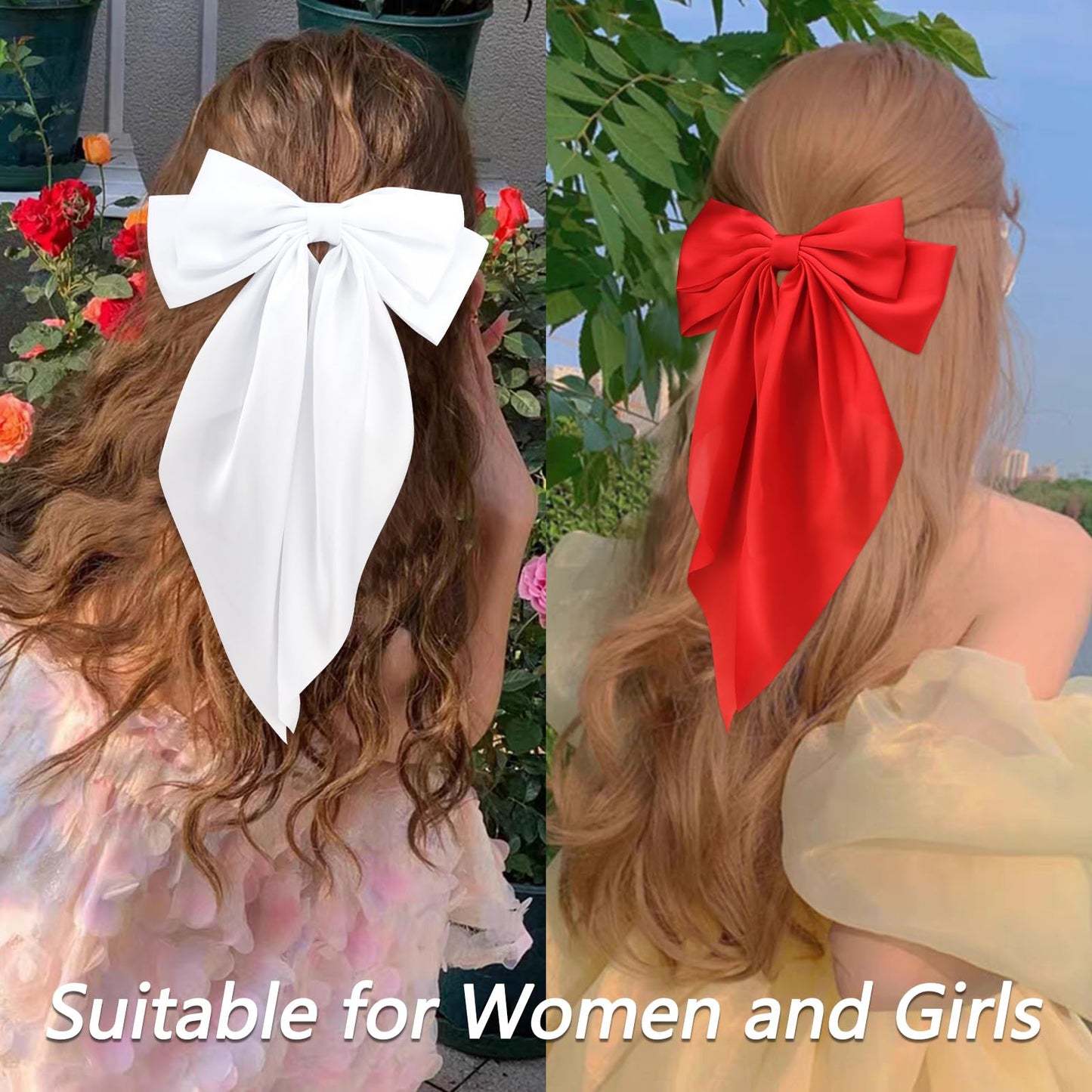Velscrun Red Black White Hair Bows for Women Girls, Silky Satin Large Coquette Bow Oversized Hair Ribbons Big Bows Clip, Long Tail Bowknot Hair Barrettes Halloween Christmas Hair Bow Accessories