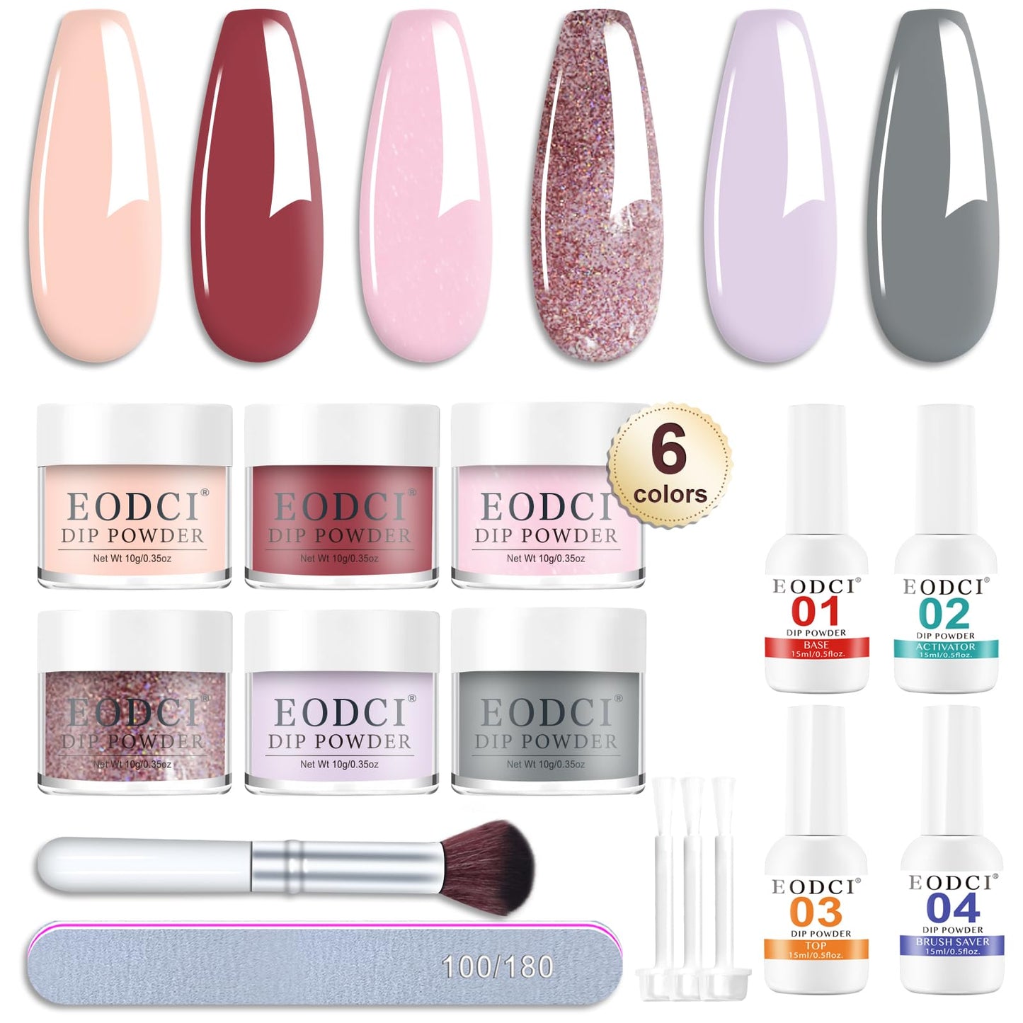 Eodci Dip Powder Nail Set, 6 Colors Nude Series 12 Pcs Dipping Powder Kit With Base & Top Coat/Activator/Brush Saver,Nail Art Dip Manicure Kits Odor-Free&Long-Lasting, No Needed Nail Lamp Curing