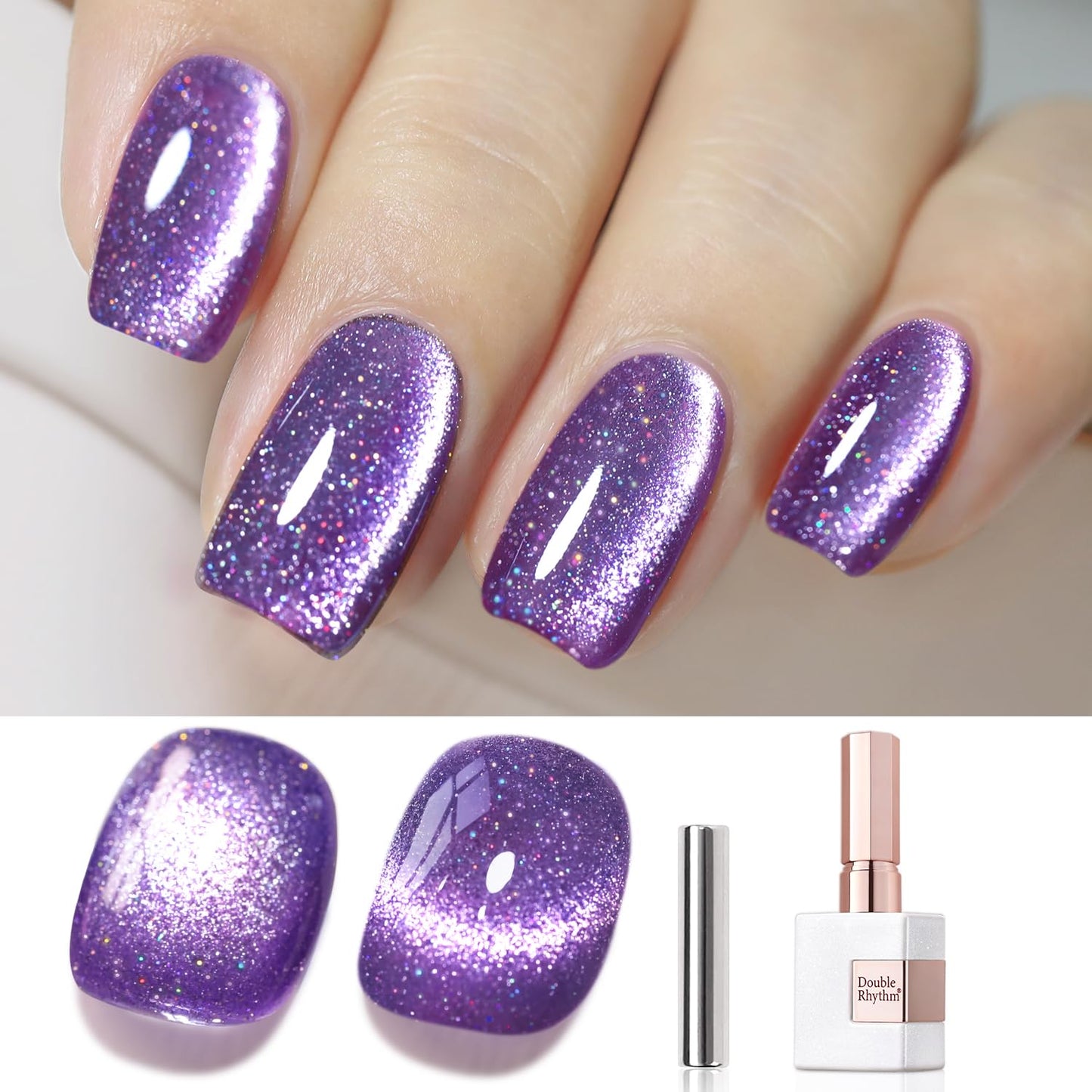 Double Rhythm Jelly Glass Cat Eye Gel Polish with Magnet 15ML Holographic Glitter Shimmer Translucent Sheer Color Magnetic Nail Polish Salon DIY at Home (Dark Purple-MC1066)