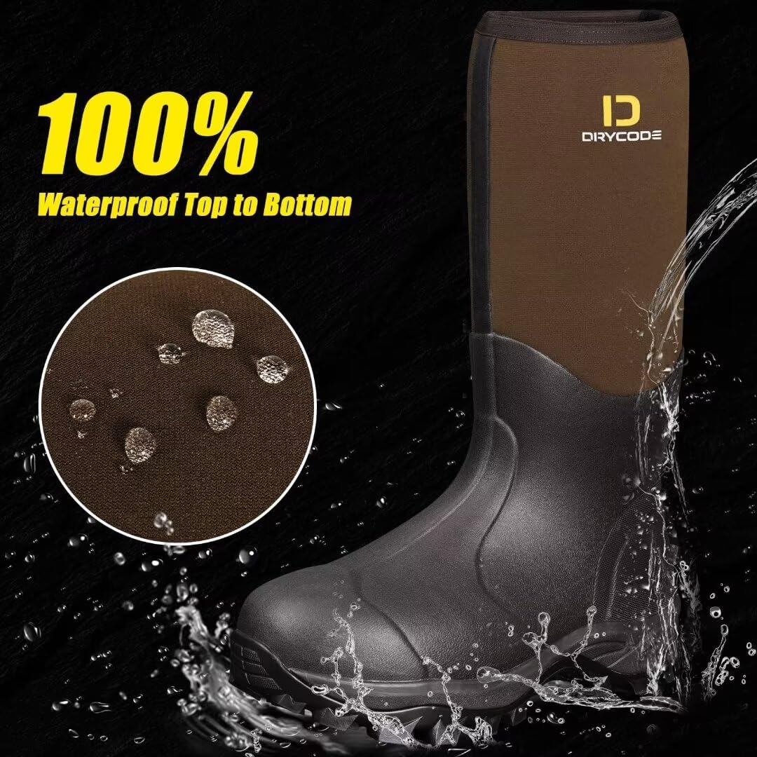 DRYCODE Rubber Boots for Men and Women, Waterproof 6mm Warm Rubber Neoprene Boots, Outdoor Rain Boot, Brown, Size 5-14