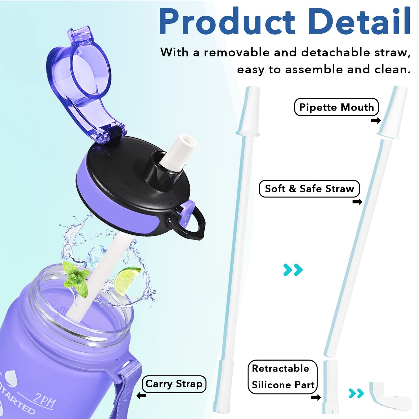 Enerbone 32 oz Water Bottle, Leakproof BPA & Toxic Free, Motivational Water Bottle with Times to Drink and Straw, Fitness Sports Water Bottle with Strap for Office, Gym, Outdoor Sports