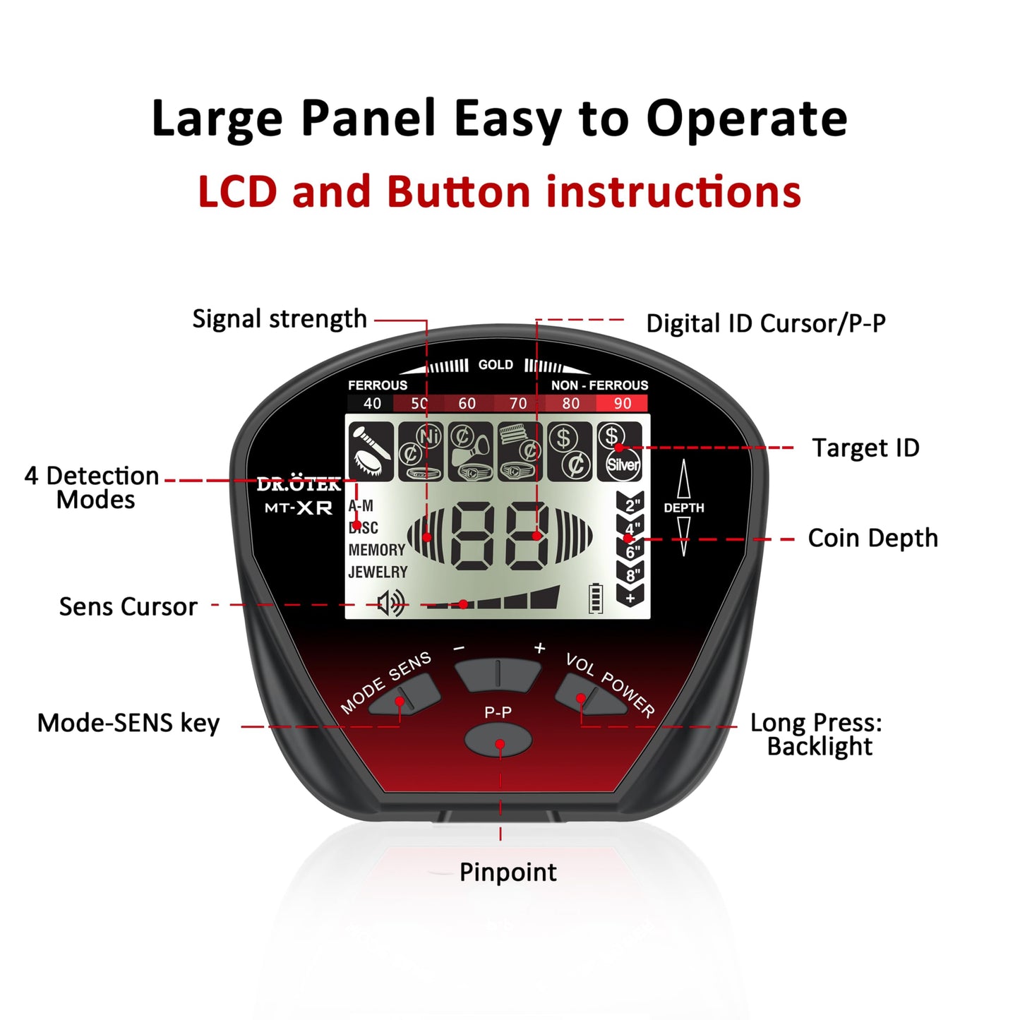 DR.ÖTEK Metal Detector for Adults Waterproof, Professional Gold Detector Kit with Higher Accuracy, 10" IP68 Coil, 5 Modes, Backlight LCD Display, Advanced DSP Chip for Beach Underwater Hunting, Red