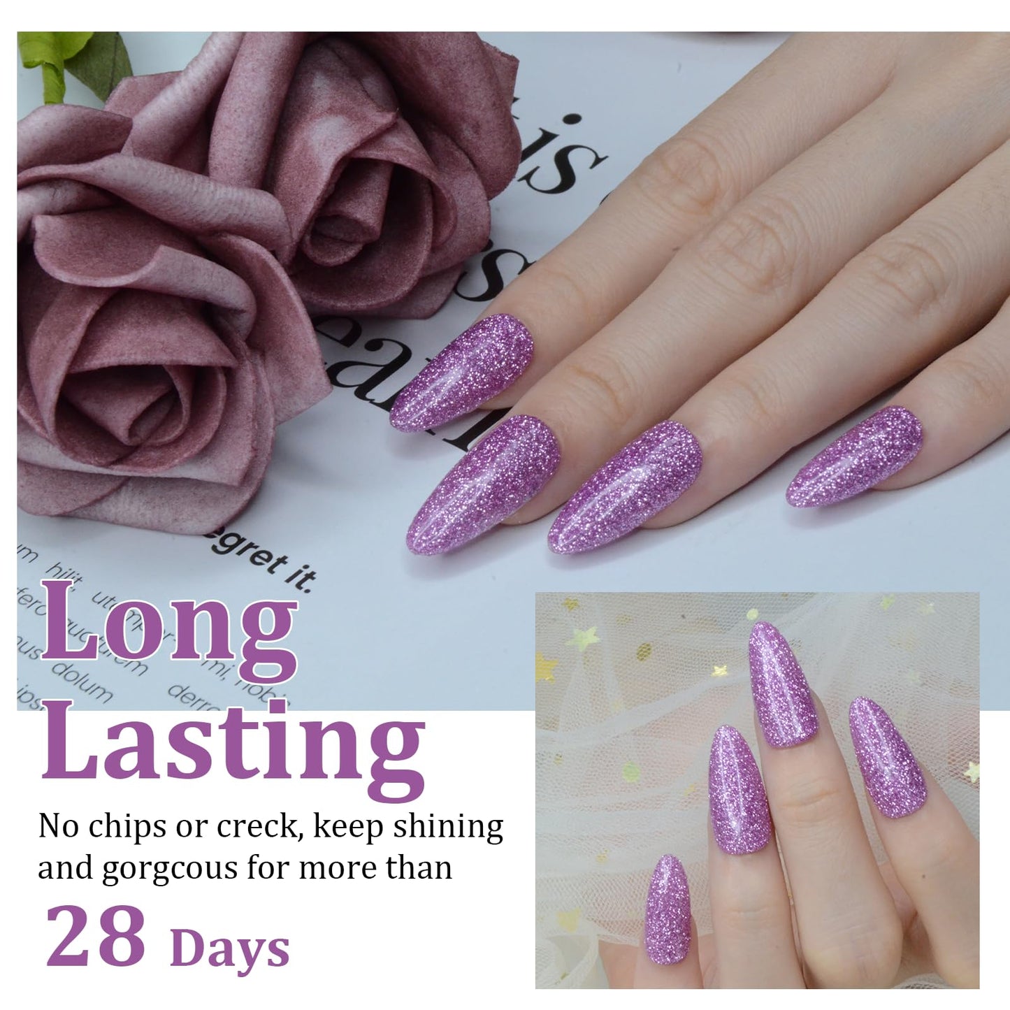 eodci Dip Powder Glitter Purple Color, Nail Dipping Powder French Powder Pro Collection System Nail Art Starter Manicure Salon DIY at Home, No Needed Nail Lamp Curing, 1 Oz/28g