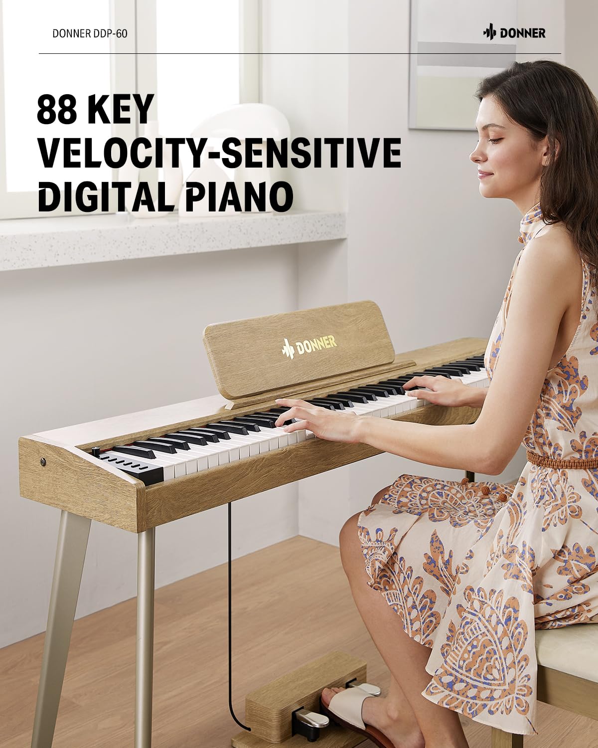 Donner OURA DDP-60 88 Key Digital Piano: Full Size Keyboard, Sensitive Touch, 8 Reverbs, Recording, 128 Voices. Includes Three Pedal, Electric Piano Keyboard for Beginners
