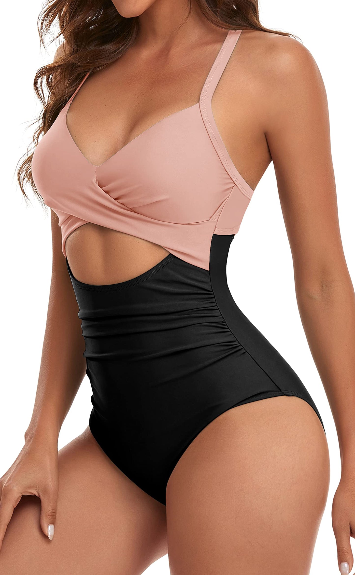 Eomenie Women's One Piece Swimsuits Tummy Control Cutout High Waisted Bathing Suit Wrap Tie Back 1 Piece Swimsuit Black Pink