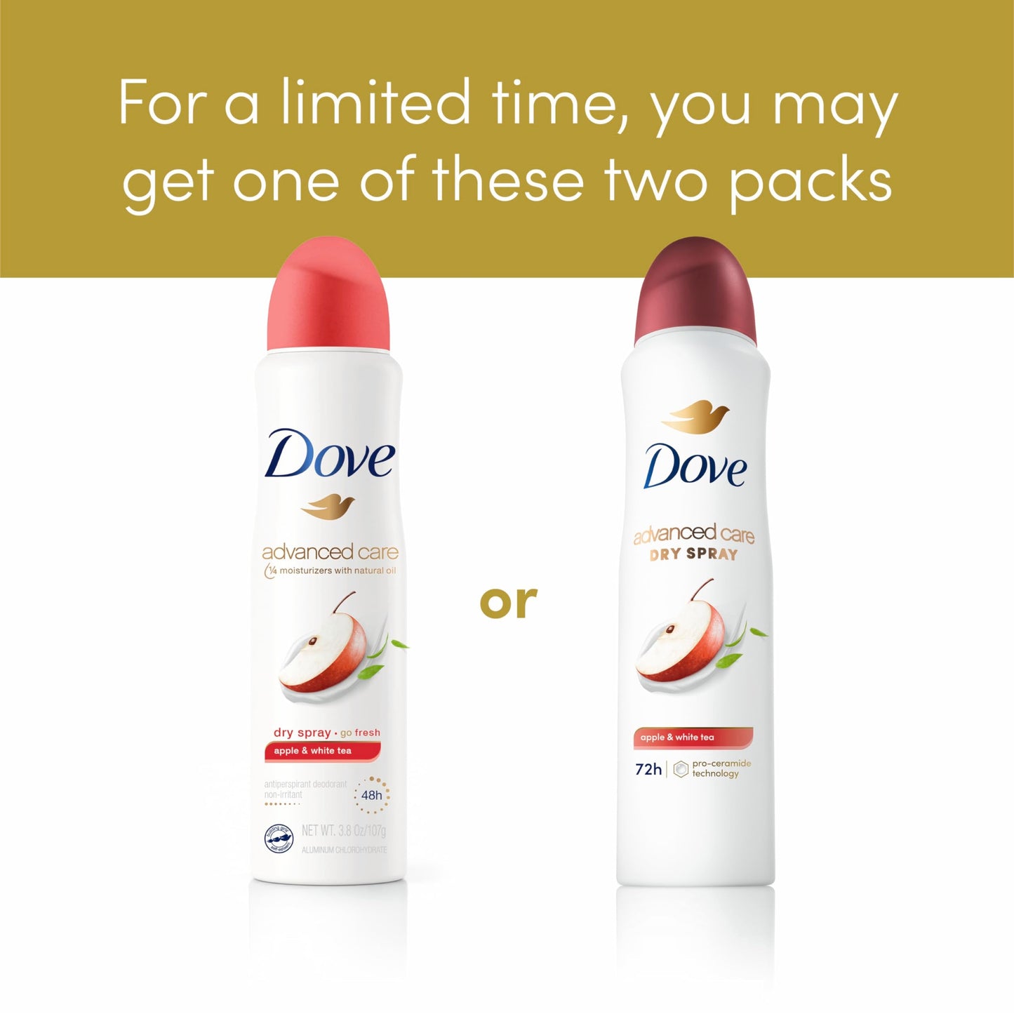 Dove Advanced Care Antiperspirant Deodorant Spray Apple & White Tea to help skin barrier repair by boosting skin's ceramide levels 72-hour odor and sweat protection 3.8 oz