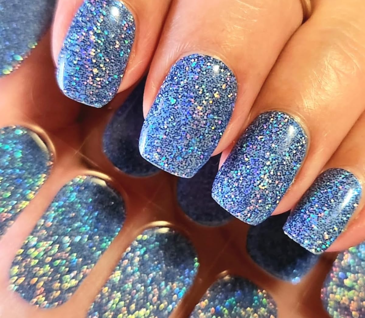 DUKASOU Semi Cured Gel Nail Strips, Dark Blue Sparkle | 28pcs Work With Any UV Lamp, Stickers for Women Girls, Includes Prep Pads, File & Wood Stick