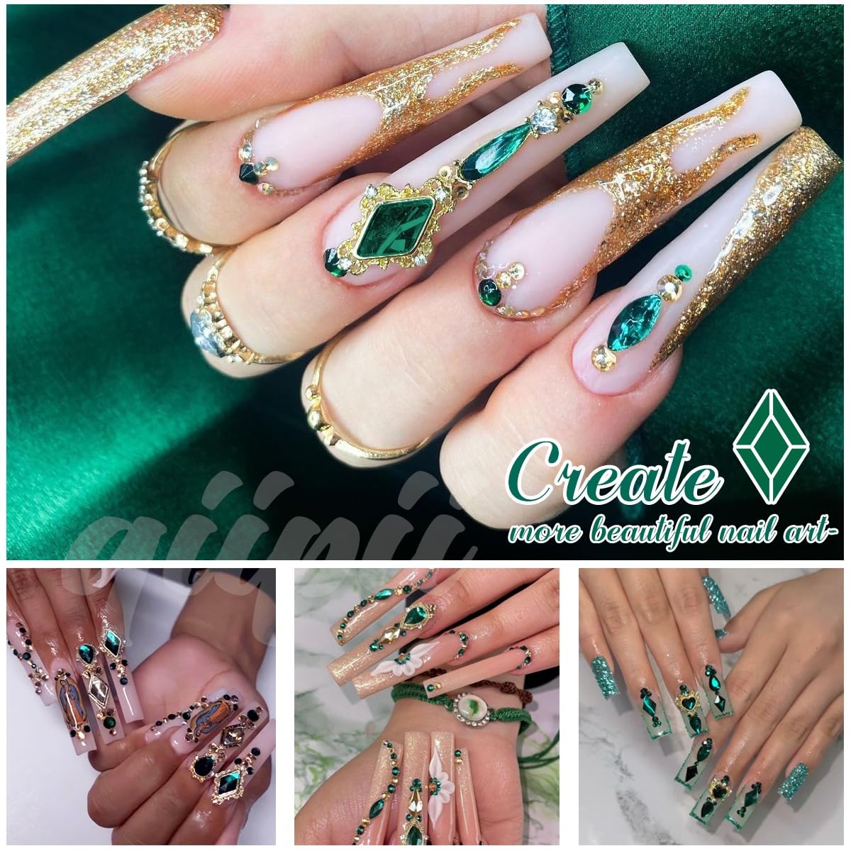 Emerald Green Nail Rhinestones - 24pc Luxury Nail Art Charms with Green Heart & Big Gems
