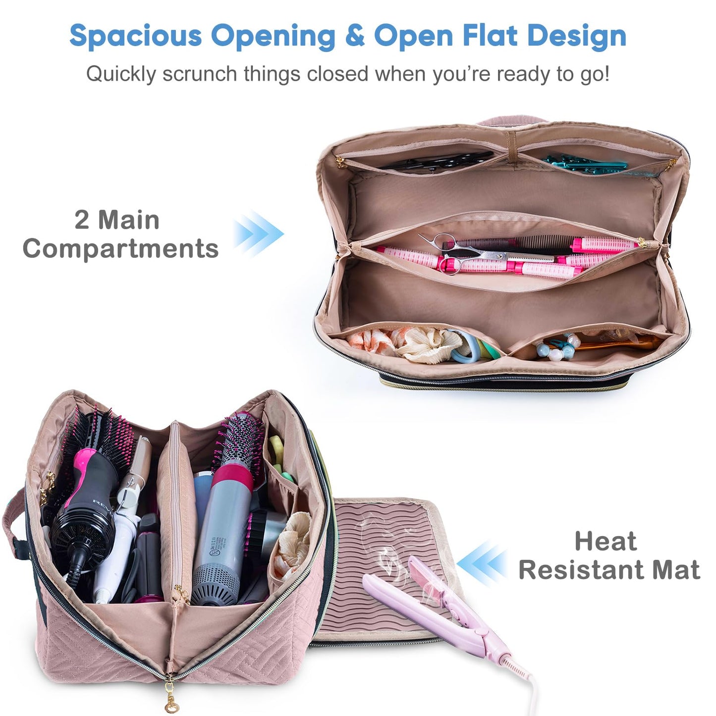 ELCUPA Large Hair Tools Travel Bag with Iron Mat - 2in1 Hair Tools Organizer for Hair Dryer Brush, Flat Irons, Straighteners, Curling Irons, Hair Bag, Makeup Bag, Cosmetic Bag for Travel Essentials