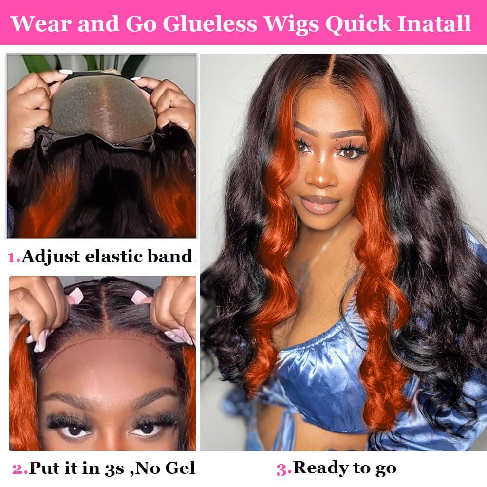 200% Density Wear And Go 9x6 Glueless Wigs Human Hair Pre Plucked Pre Cut For Beginners Ginger Body Wave Lace Front Wigs Human Hair For Black Women HD Lace Closure Colored Glueless Wig(20 INCH)