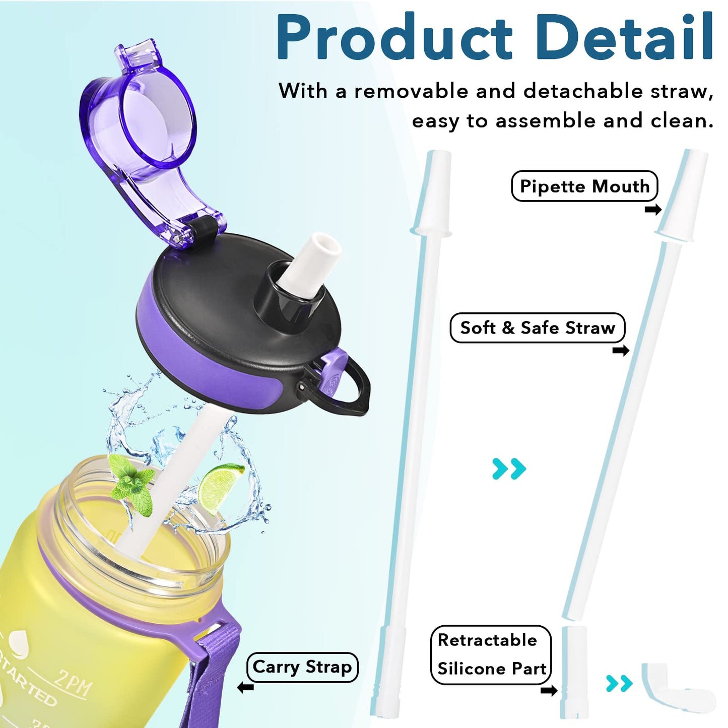 Enerbone 32 oz Water Bottle, Leakproof BPA & Toxic Free, Motivational Water Bottle with Times to Drink and Straw, Fitness Sports Water Bottle with Strap for Office, Gym, Outdoor Sports