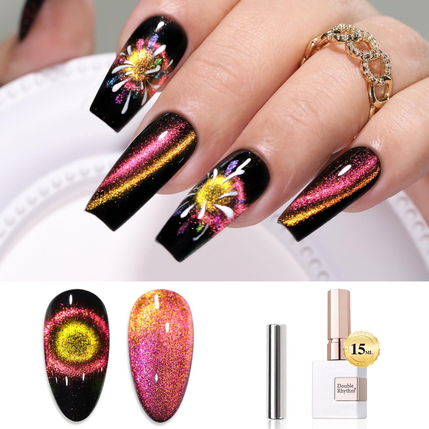 Double Rhythm 0.5 OZ Cat Eye Gel Polish with Magnet 15ML Holographic Glitter Shimmer Translucent Jelly Color Magnetic Nail Polish Salon DIY at Home (MC1050)