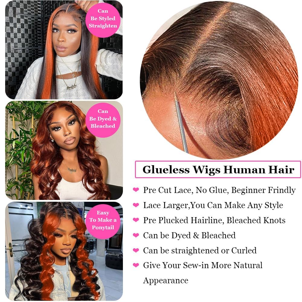 200% Density Wear And Go 9x6 Glueless Wigs Human Hair Pre Plucked Pre Cut For Beginners Ginger Body Wave Lace Front Wigs Human Hair For Black Women HD Lace Closure Colored Glueless Wig(20 INCH)