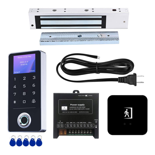 Door Access Control System Kit - Fingerprint, RFID Card, and Password Entry, 600LB Magnetic Lock, Infrared Wireless Switch, Waterproof Door Access Controller with LCD Screen Display