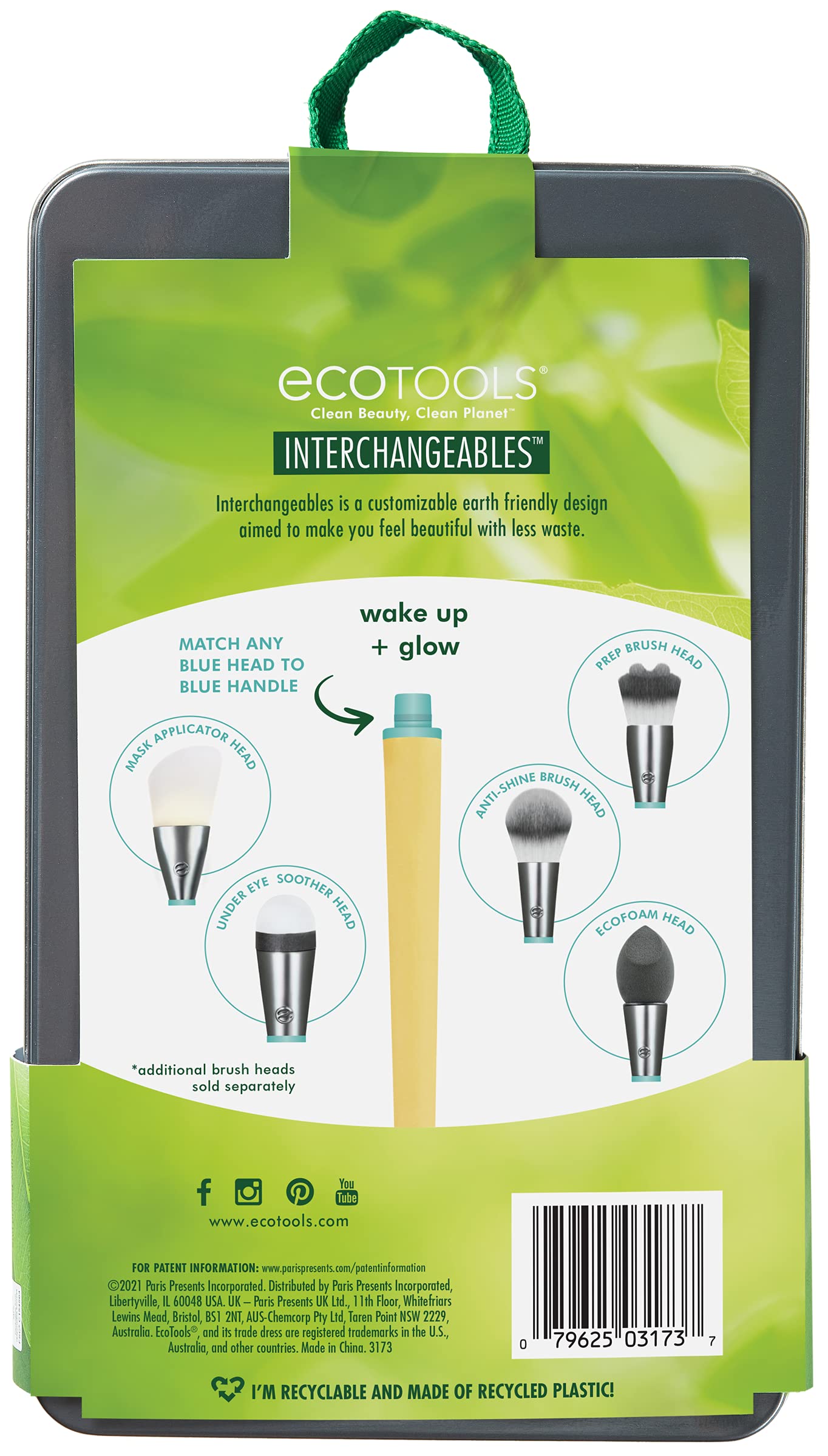 EcoTools Wake Up + Glow Interchangeables Makeup Brush Set with Case, With Beauty Blender Makeup Sponge, Silicone Applicator Face Mask Brush, Eye Roller Depuffer (Set of 6)
