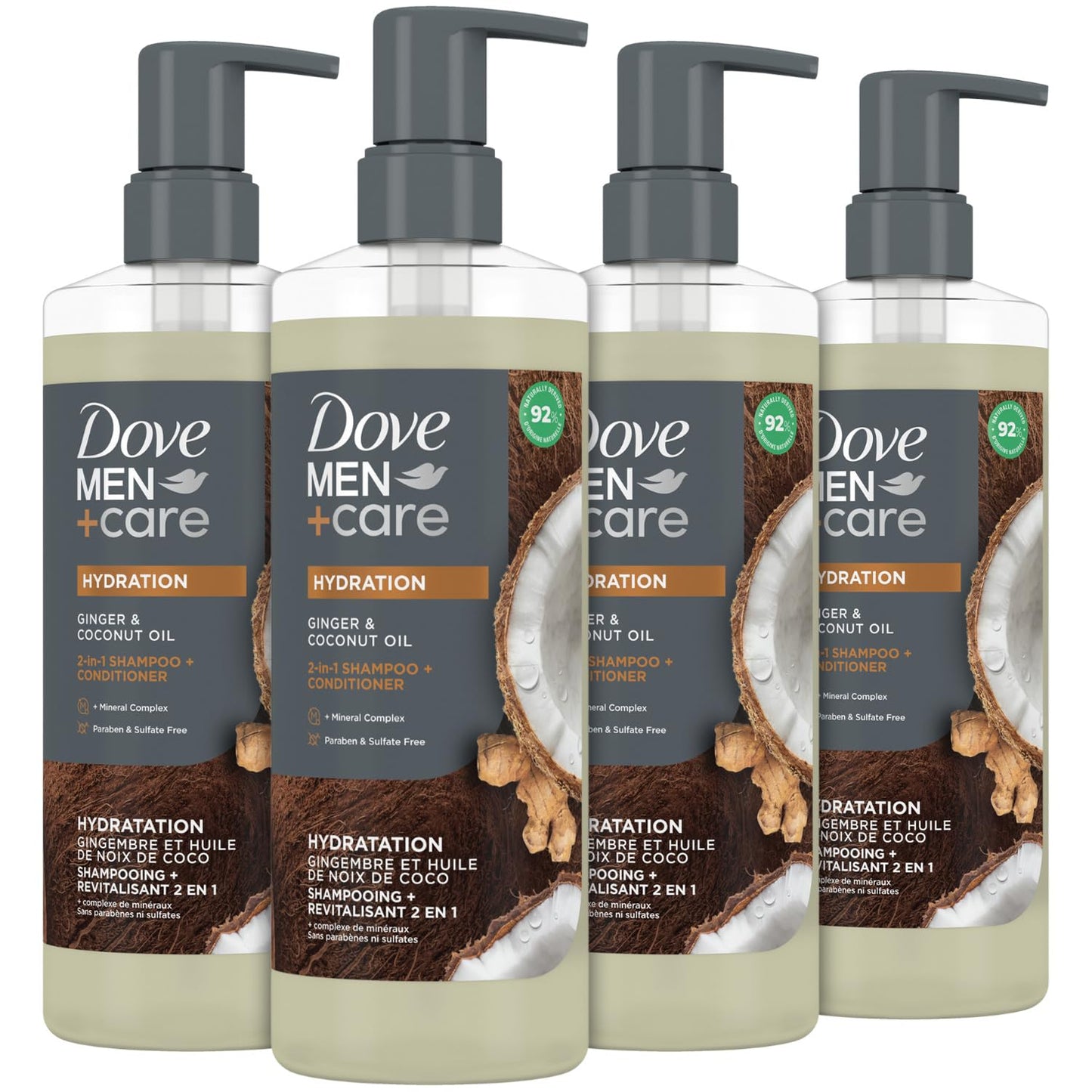 DOVE MEN + CARE 2-in-1 Shampoo & Conditioner, Ginger & Coconut Oil, Hydration – Men’s Shampoo & Conditioner, Sulfate-Free, with Biotin & Zinc for Strong, Healthy Hair, 17.5 Oz (Pack of 4)