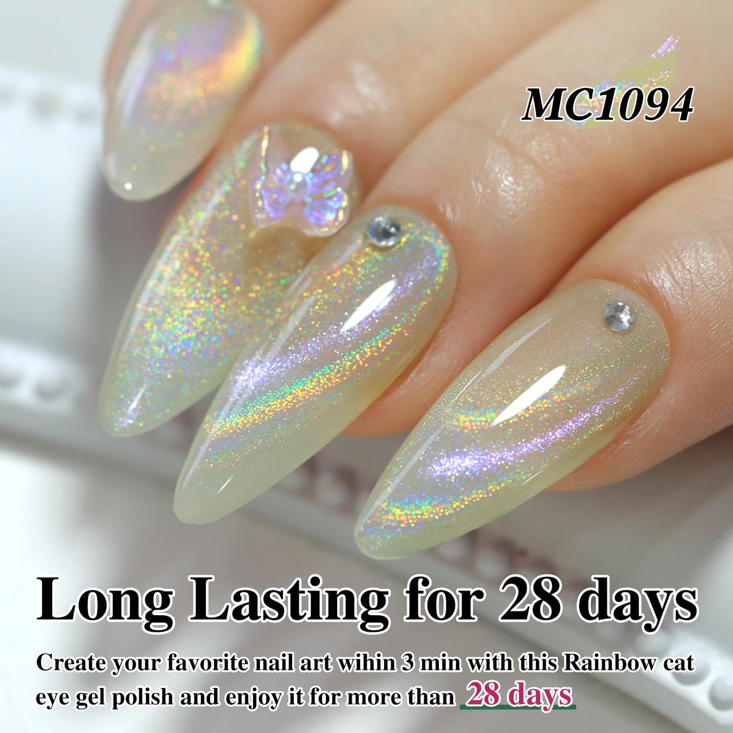 Double Rhythm Jelly Glass Cat Eye Gel Polish with Magnet 15ML Holographic Glitter Shimmer Translucent Sheer Color Magnetic Nail Polish Salon DIY at Home (Rainbow Yellow-MC1094)