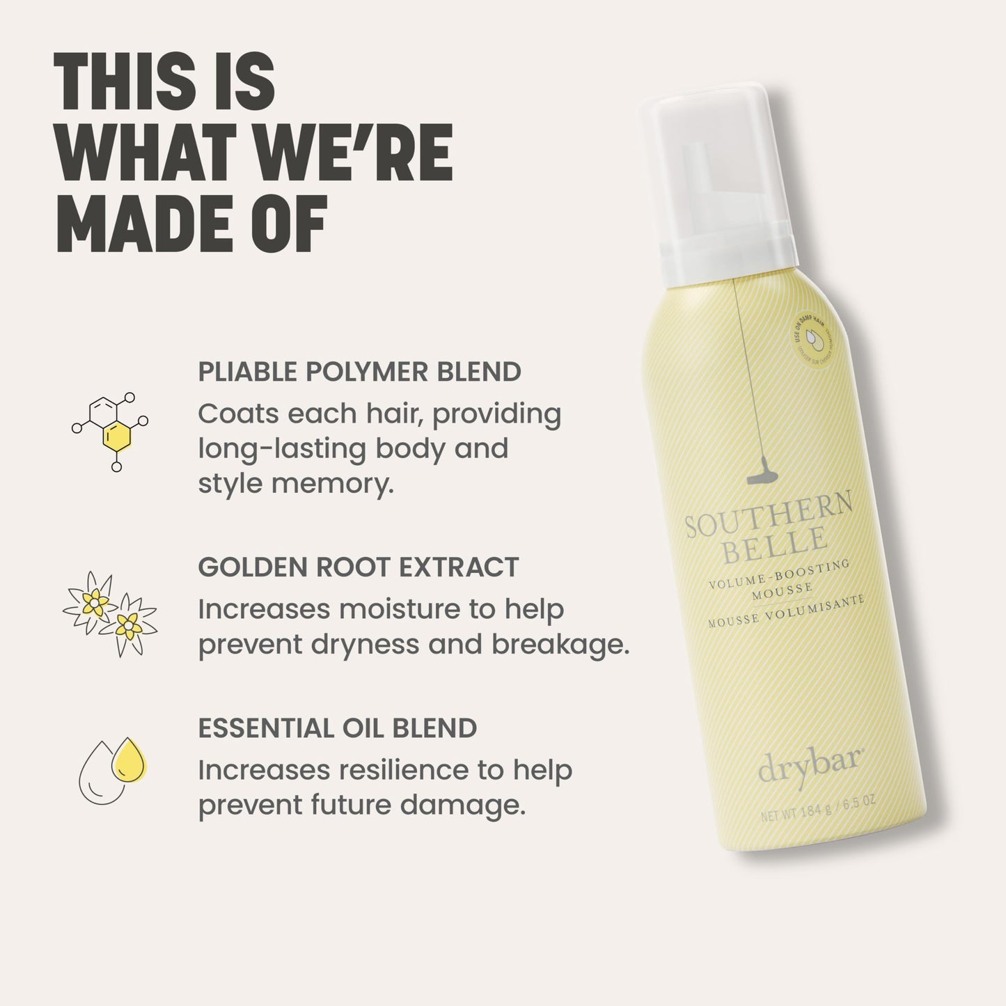 Drybar Southern Belle Volume - Boosting Mousse - Full Size| Prevents Frizz & Damage, Smoothes Hair, and Provides Shine for Long-Lasting Body & Style