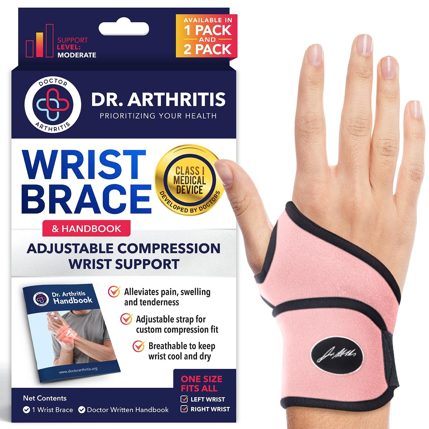 Dr. Arthritis Doctor Developed Premium Wrist Support/Strap/Wrist Brace/Hand Support Doctor Written Handbook— Wrist Injuries, Joint Disease, Sprains & More (Single, Pink)