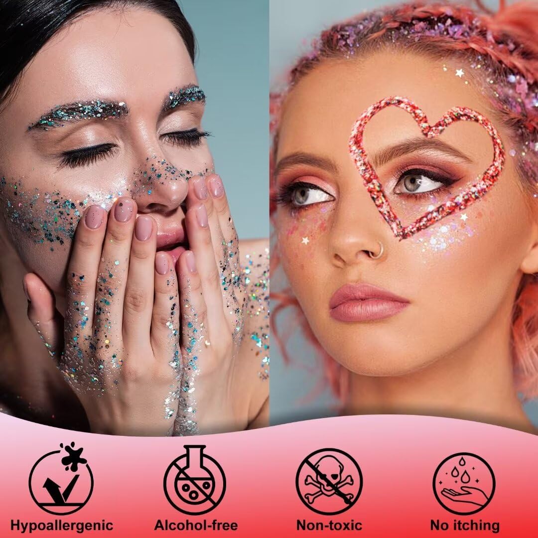 Drawdart Face & Body Glitter - Cosmetic - Grade Red Holographic Glitter Gel,Face Body Hair Chunky Festival Rave Accessories Makeup 50ml,Glitter Sequin for Women Kids
