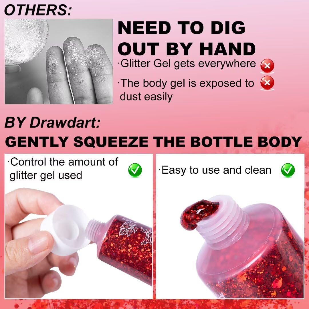 Drawdart Face & Body Glitter - Cosmetic - Grade Red Holographic Glitter Gel,Face Body Hair Chunky Festival Rave Accessories Makeup 50ml,Glitter Sequin for Women Kids