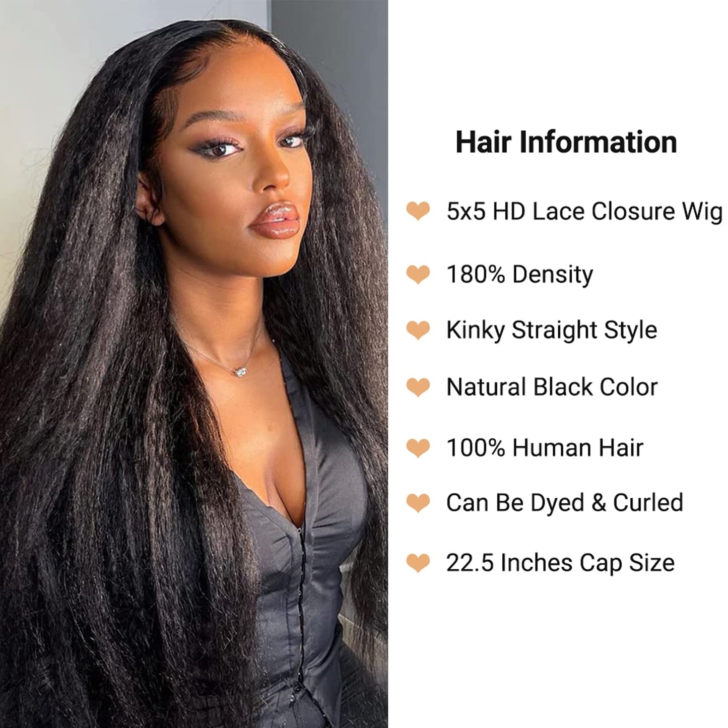 Enoya 5X5 HD Lace Closure Wigs Human Hair Pre Plucked with Baby Hair, Kinky Straight Ultra-thin Invisible Swiss 12A Human Hair Wigs for Women(10", 5x5 HD lace closure wig)