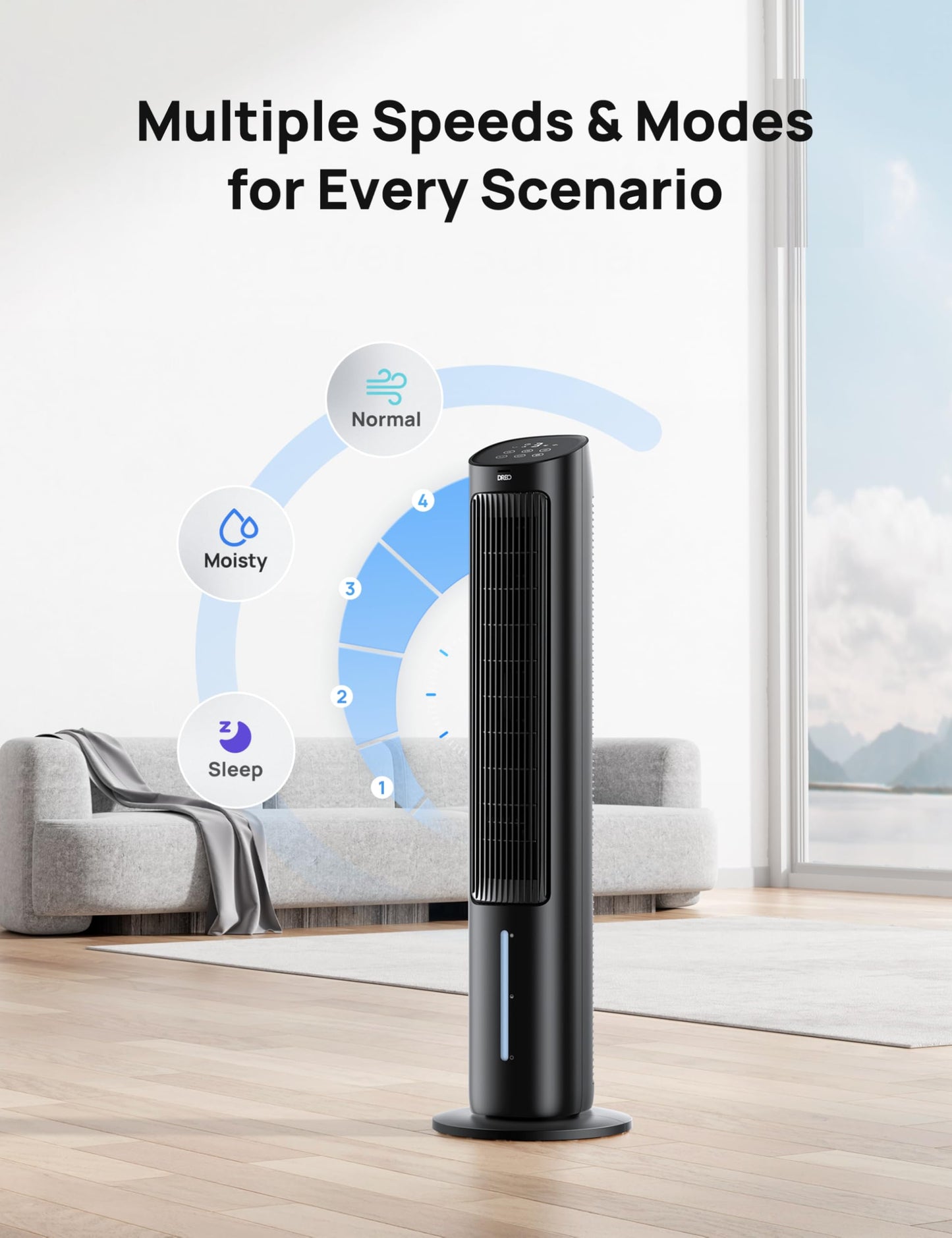 Dreo Tower Fan for Bedroom, 40" Evaporative Air Cooler, Cooling Fans That Blow Cold Air with 80° Oscillating, Removable Water Tank, 3 Modes 4-Speed, Remote Control, Quiet Floor Fan, 7H Timer,Black