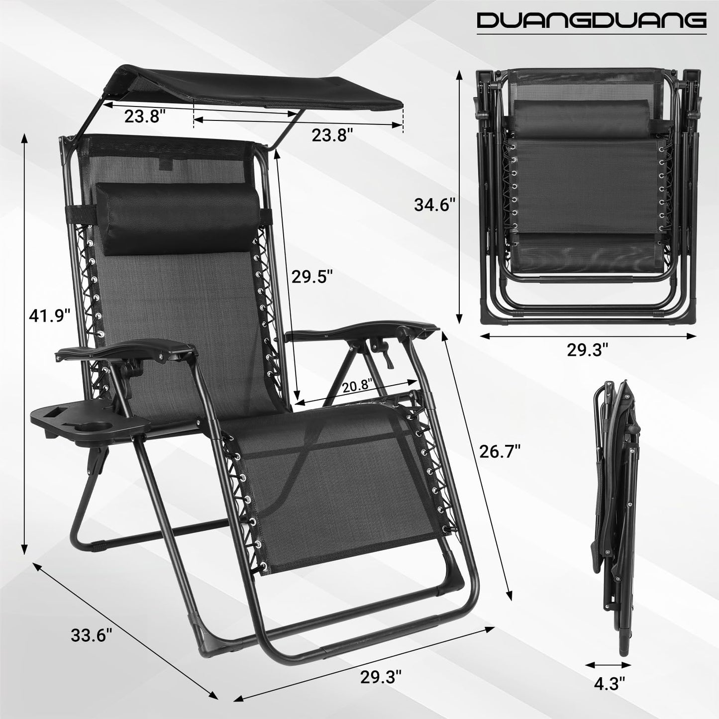 DuangDuang Zero Gravity Chairs Set of 2, Oversized Outdoor Recliner Patio Lounge Chair with Canopy Shade, Foldable Outdoor Lounger with Cup Holder Tray for Backyard Beach Camping, Black
