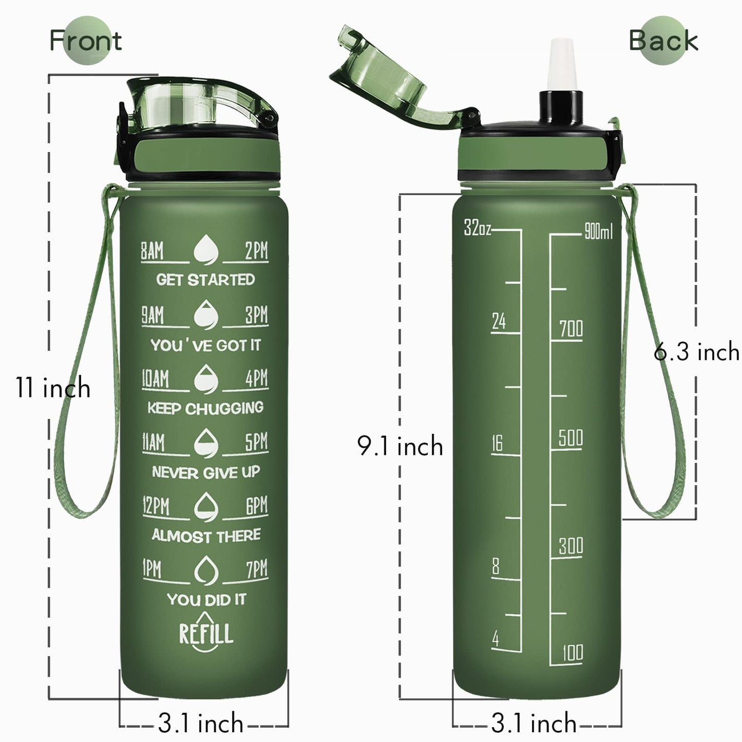 Enerbone 32 oz Water Bottle, Leakproof BPA & Toxic Free, Motivational Water Bottle with Times to Drink and Straw, Fitness Sports Water Bottle with Strap for Office, Gym, Outdoor Sports, Hunter Green