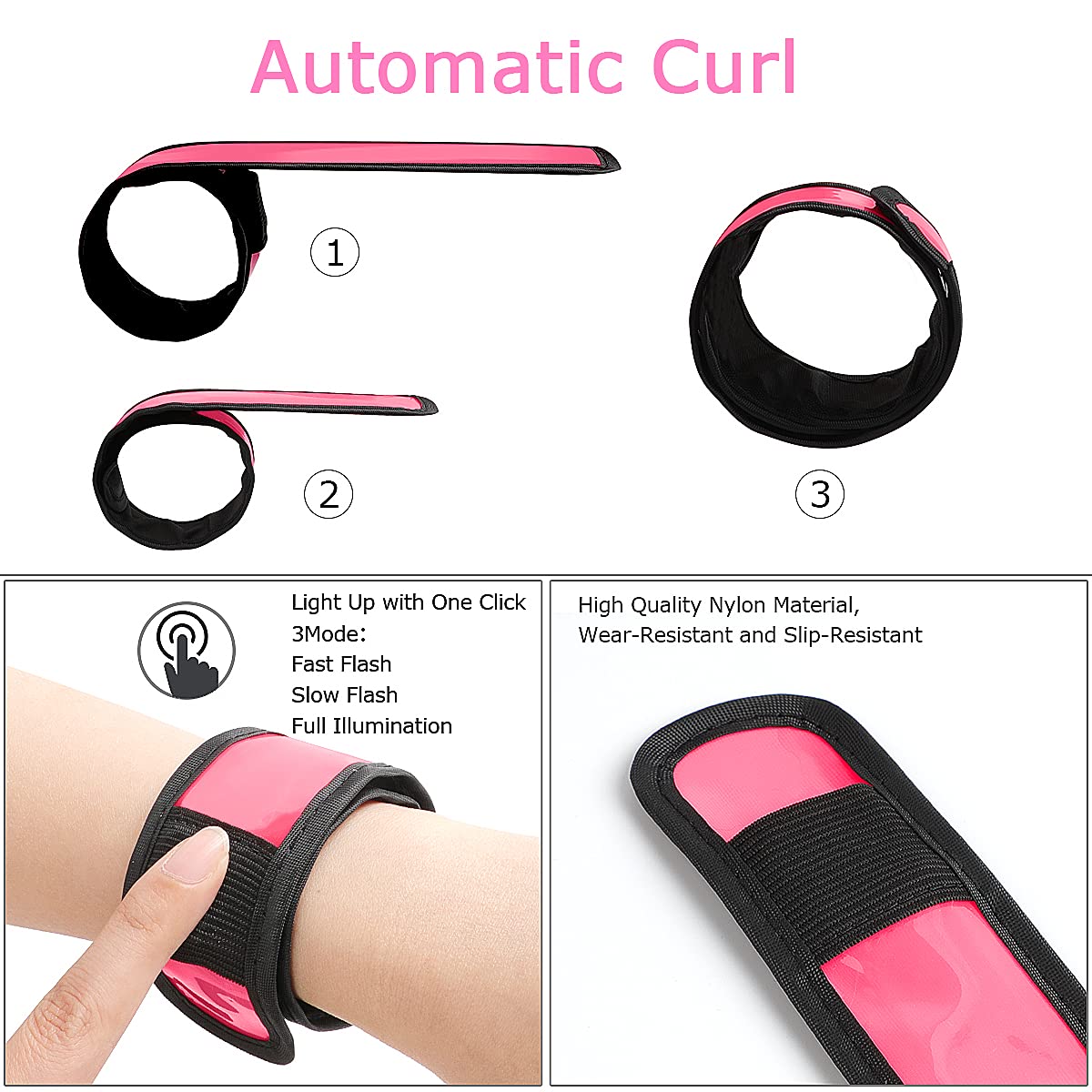 esonstyle Pack of 6 LED Light Up Band Slap Bracelets Night Safety Wrist Band for Cycling Walking Running Concert Camping Outdoor Sports (6 pcs-Pink)