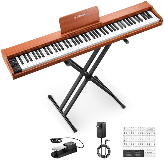 Donner DEP-1S Piano Keyboard 88 Keys, Beginner Digital Piano with 88 Key Velocity-Sensitive Keyboard, Record, Bluetooth, Chord, Bundle With Piano Stand, Piano Stickers, Sustain Pedal, Retro Wood Color
