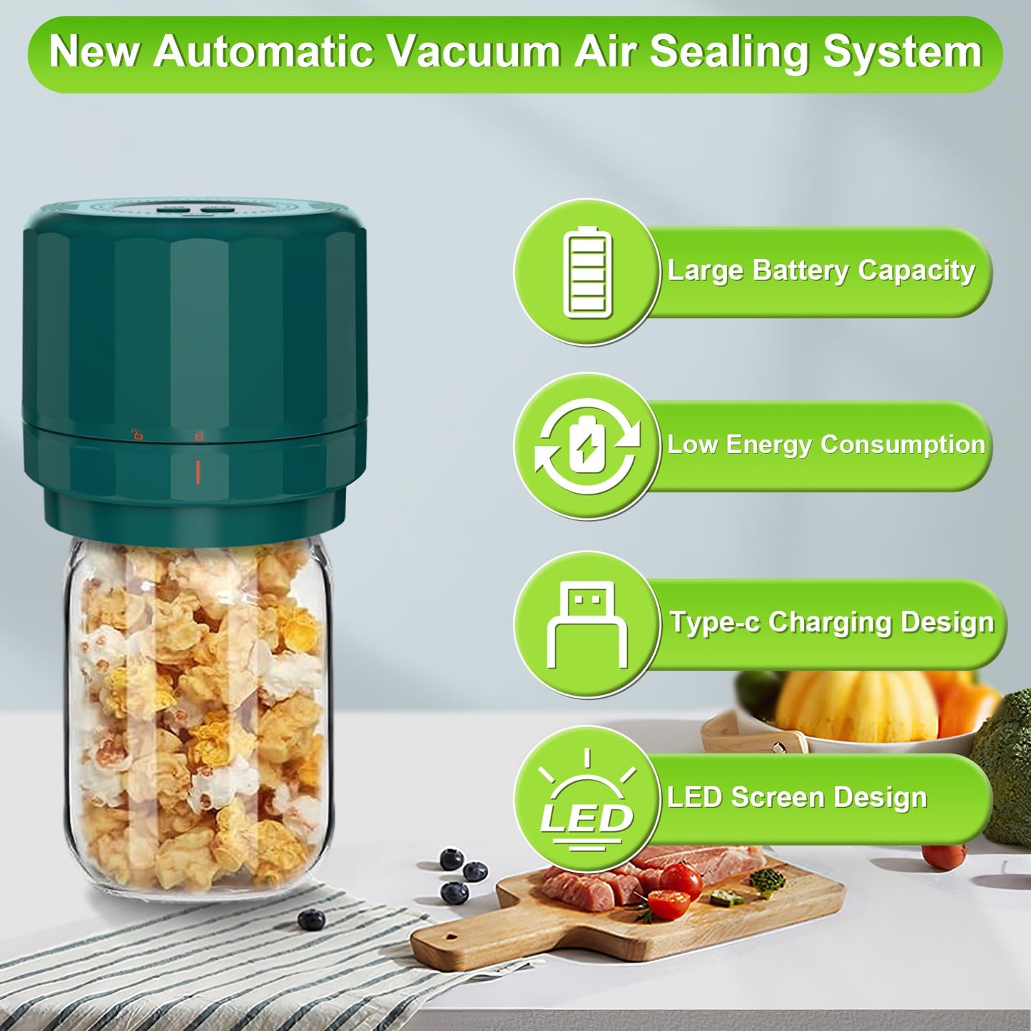Electric Mason Jar Vacuum Sealer - Mason Jar Vacuum Sealer Kit with Wide Regular Mouth Mason lids - Canning Vacuum Sealer Mason Jar for Food Storage - darkgreen…