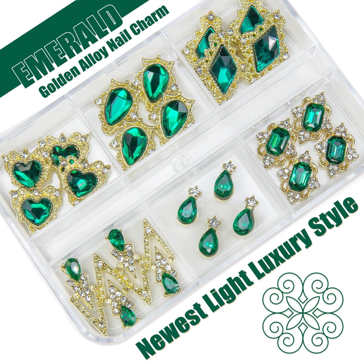Emerald Green Nail Rhinestones - 24pc Luxury Nail Art Charms with Green Heart & Big Gems