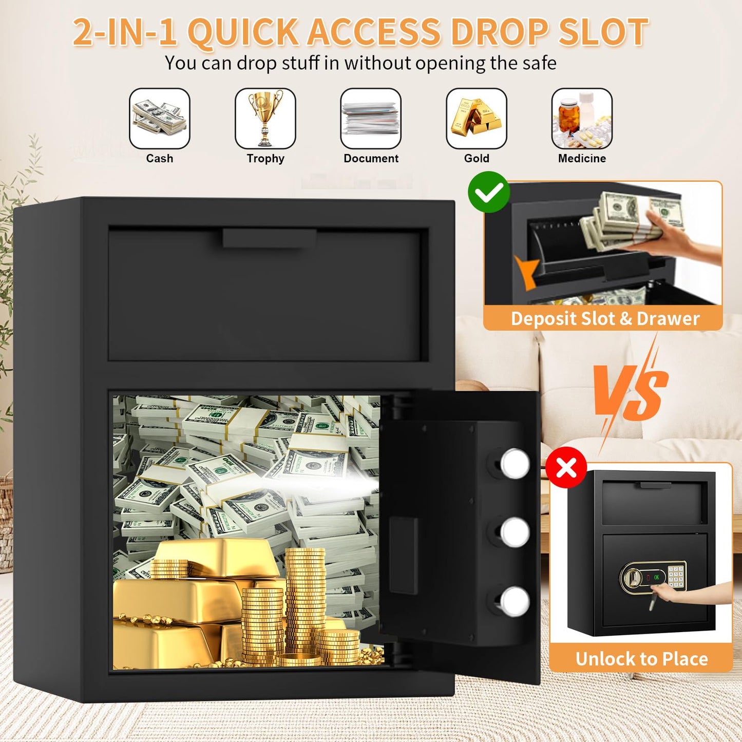2.8 cu ft Large Fireproof Drop Safe Box for Business, Anti-Theft Cash Drop Safe with Slot & Combination Lock, Heavy Duty Depository Slot Safes for Home Business Mail Church