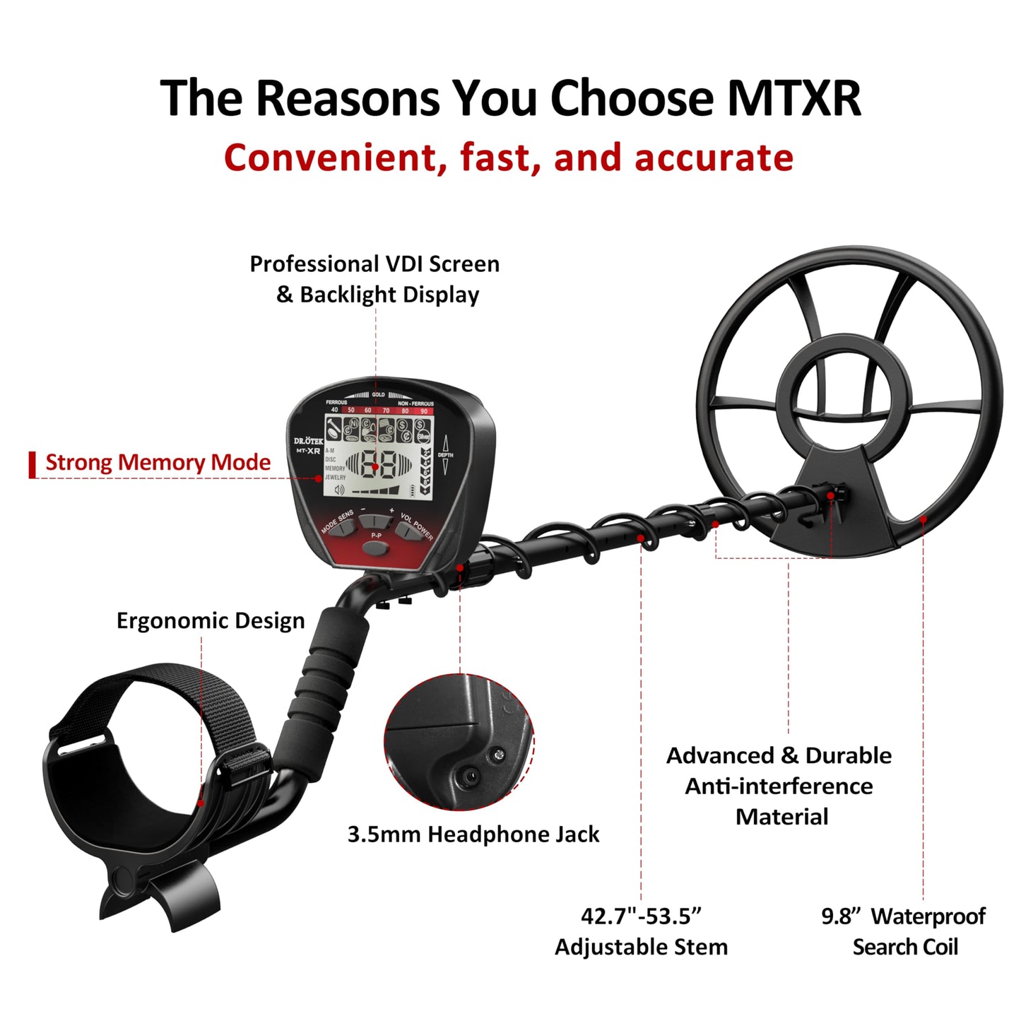 DR.ÖTEK Metal Detector for Adults Waterproof, Professional Gold Detector Kit with Higher Accuracy, 10" IP68 Coil, 5 Modes, Backlight LCD Display, Advanced DSP Chip for Beach Underwater Hunting, Red