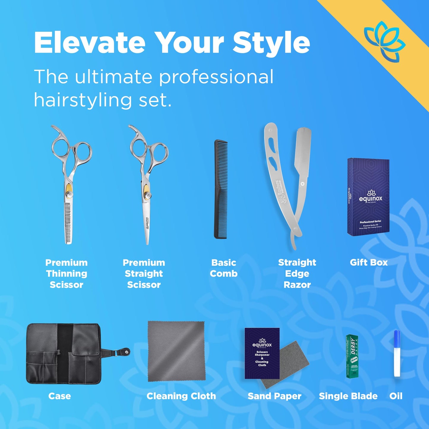 Equinox Professional Hair Scissors Set - Premium Barber Kit, Includes Hair Cutting Scissors, Thinning Shears, Straight Razor, Basic Comb, Cleaning Cloth, Oil & Sandpaper - Hair Salon & Barber Supplies