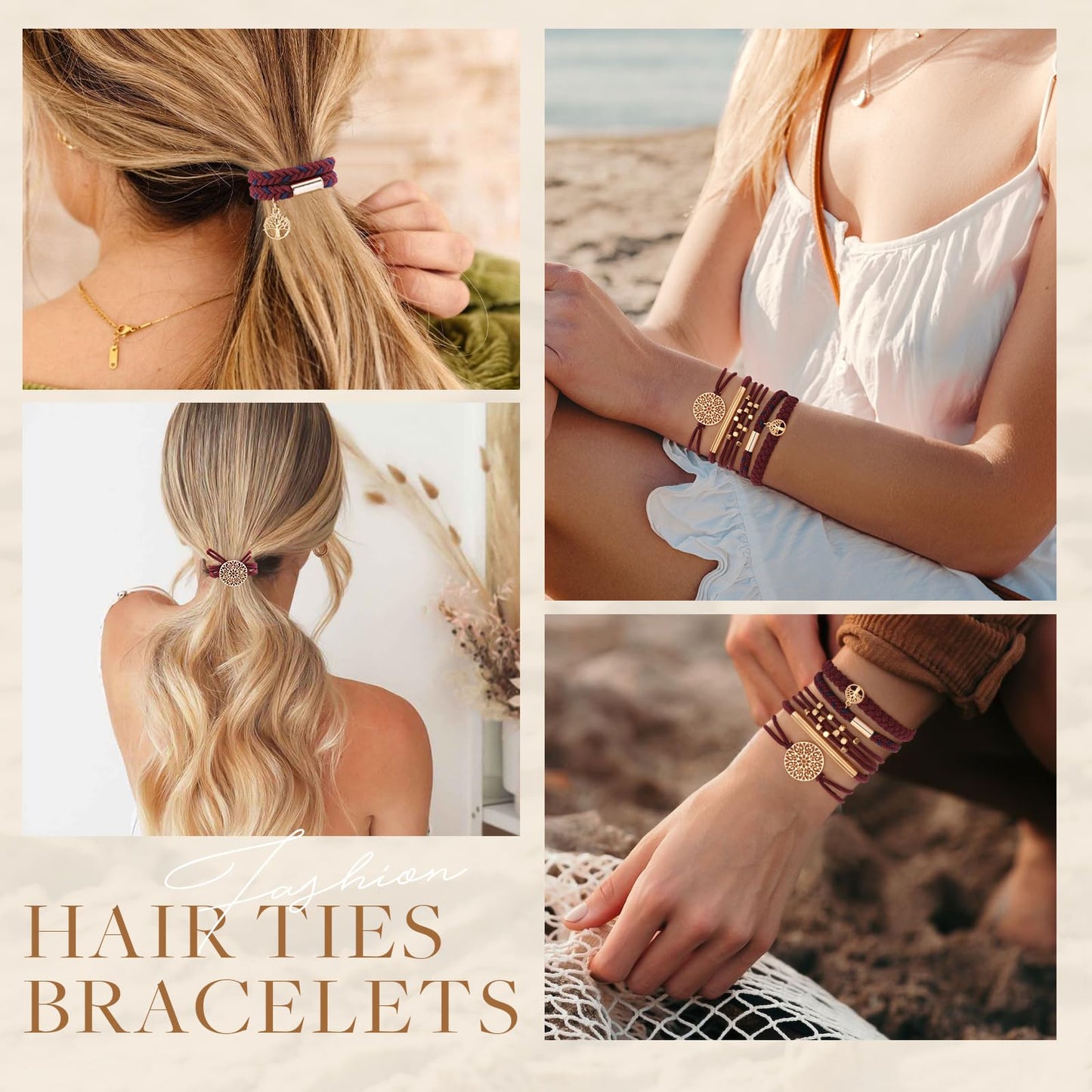 10 PCS Hair Ties Bracelets, Boho Hair Ties for Thick & Thin Hair, Cute Stretch Bracelets, Braided Hair Ties for Ponytail Holders, 5 Styles Hair Ties No-Damage, Blue
