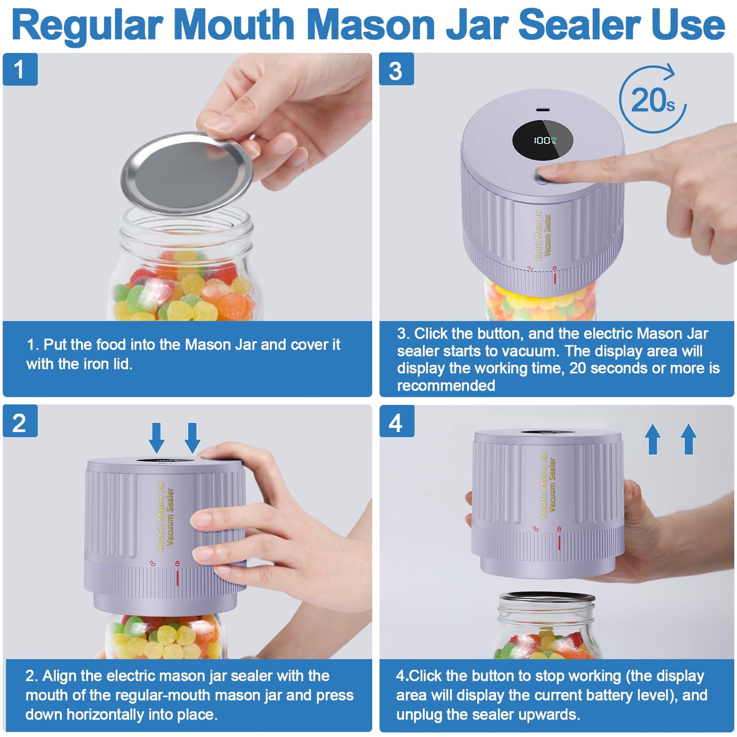 Electric Mason Jar Vacuum Sealer Kit for Wide Mouth and Regular Mouth Mason Jar - Purple