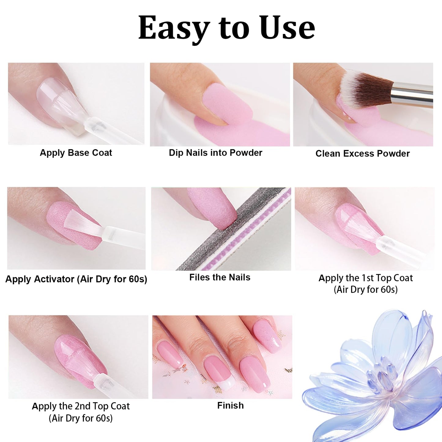 EODCI Blue Nail Starter Dip Powder Kit, 1OZ Nail Dip Powder With Base & Top Coat/Activator Dip Nail Art French Manicure Nail Starter & Professional Home DIY Salon Use