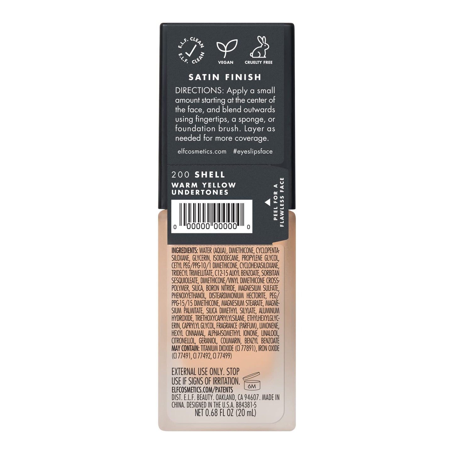 e.l.f. Flawless Satin Foundation, Lightweight & Medium Coverage, Semi-Matte Finish, Vegan & Cruelty-Free, Shell, 0.68 Fl Oz (20mL)
