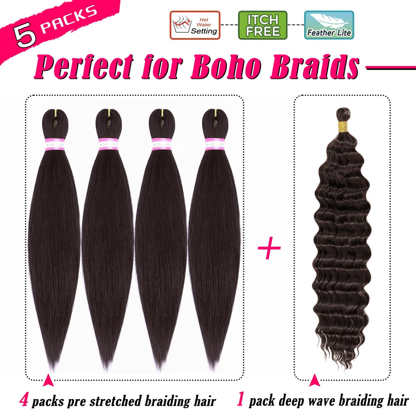 Dorsanee Dark Brown Braiding Hair for Boho Braids 20 Inch 4 Packs Pre Stretched Braiding Hair and 18 Inch 1 Pack Deep Wave Braiding Hair for Crochet Boho Braids Synthetic Hair Extensions (4#)