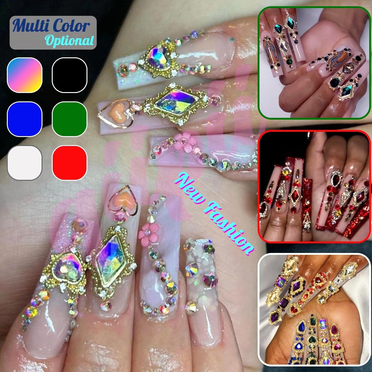 Emerald Green Nail Rhinestones - 24pc Luxury Nail Art Charms with Green Heart & Big Gems
