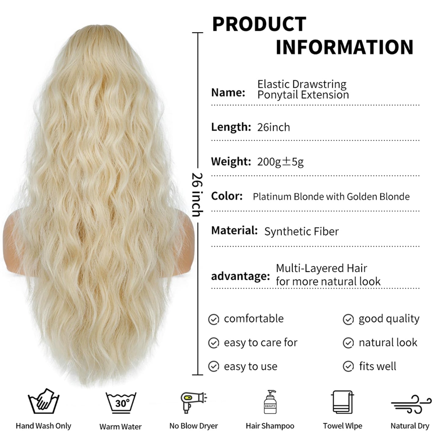 Drawstring Ponytail for Women, 26 inch Blonde Ponytail Extension, Synthetic Pony Tails Hair Extensions, Natural Clip in Ponytail Hair Extensions for Daily Use (Platinum Blonde with Golden Blonde)