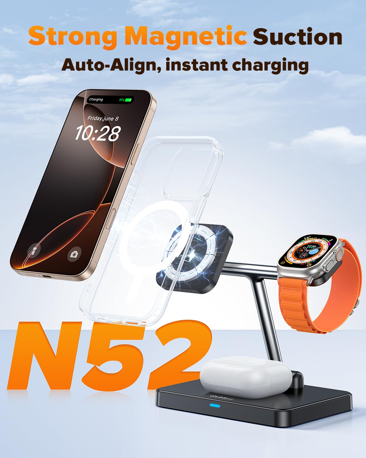 DUMTERR 3 in 1 Foldable Wireless Charging Station for Mag-Safe Charger for iPhone 16/15/14/13/12,for Apple Watch Series & AirPods - Wireless Charger Stand with N52 Strong Magnetic & Safety Protections