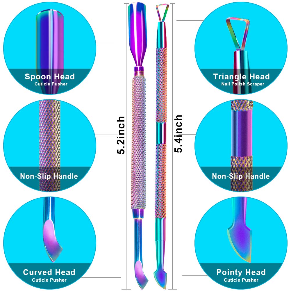 2PCS Metal Chameleon Cuticle Pusher and Cutter Remover Salon Quality Stainless Steel Gel Nail Polish Peeler Scraper Durable Manicure and Pedicure Cleaner Tool For Fingernail and Toenail