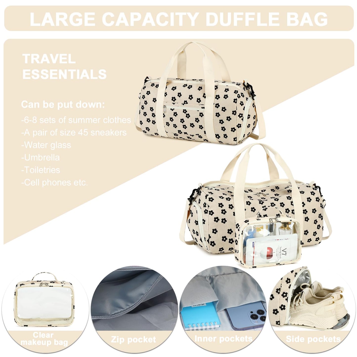 Duffle Bag for Gym Sports Women Girls Workout Travel Bag Weekender with Shoe Compartment and Wet Pocket (2-Corduroy-Black floral)