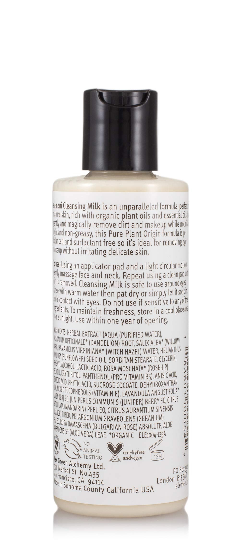 elemeni Skin Care Cleansing Milk - Vegan Organic Makeup Remover | pH Balanced Facial Cleanser Removes Dirt & Impurities | Oil Free Eye Makeup Remover & Gentle Cleanser for Sensitive Skin, 4.2 Fl Oz