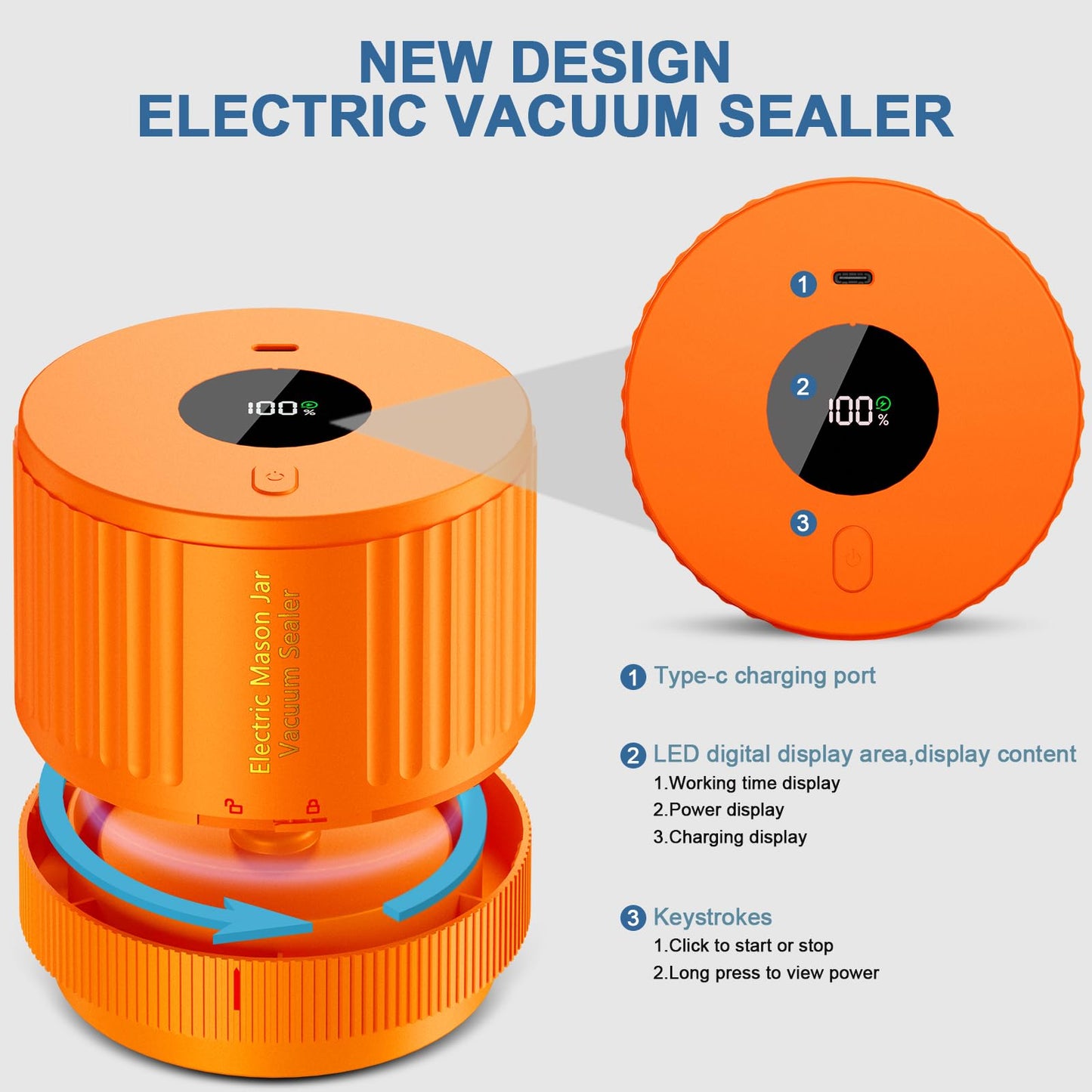 Electric Mason Jar Vacuum Sealer, Cordless Vacuum Sealer Kit with Wide-Mouth & Regular-Mouth Mason Jar Lids, Canning Vacuum Sealer for Food Storage and Fermentation, Orange